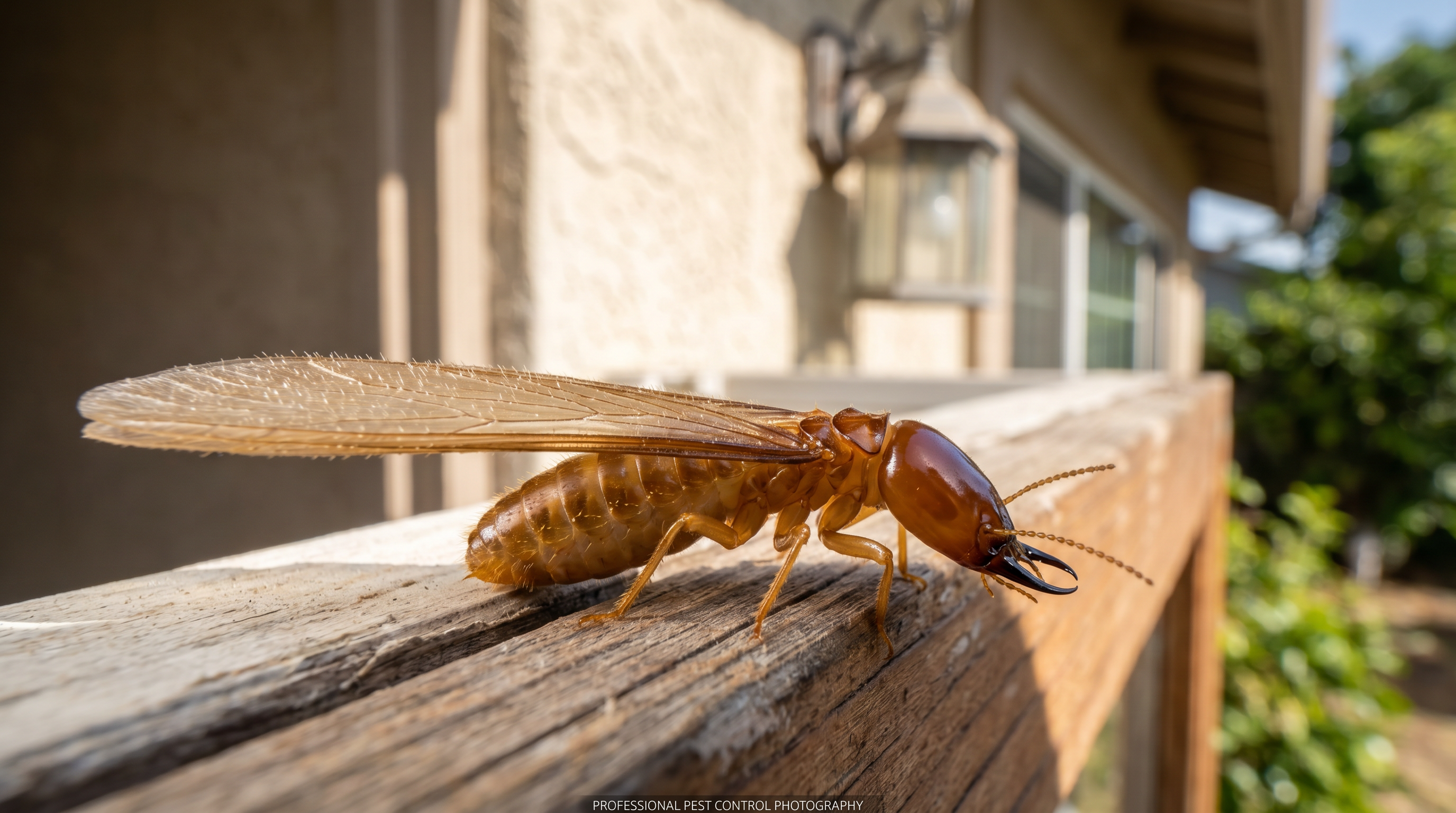 Formosan termite swarmer with yellowish-brown body and pale wings on a Miami-Dade window frame