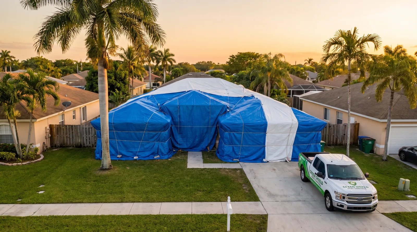 Tent fumigation in progress on a single-family home in Homestead, Florida with blue and white tarps and palm trees