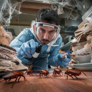 a man wearing protective gear and gloves spraying roaches on a table