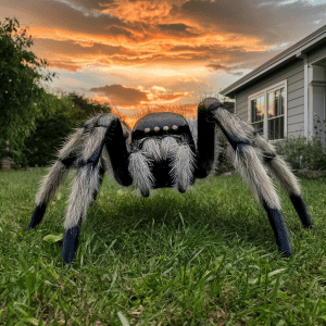 life like spider on a lawn with a sunset