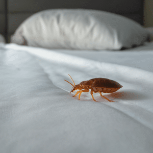 a brown bug on a bed