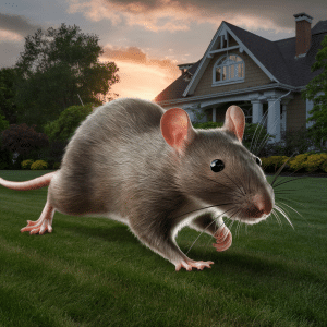 a rat running on grass in front of a house